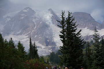 A breathtaking scene of a majestic snowy mountain, its towering peaks dusted with a blanket of pure white snow, standing tall against the clear blue sky.