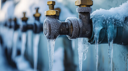 A row of frozen water pipes, with icicles hanging off the spigots and ice covering their bodies