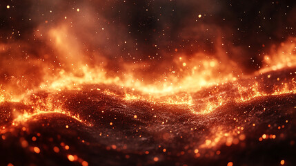 Fototapeta premium A dark brown and orange textured background with sparks, fire particles, flames, and smoke creating a minimalistic bright tone with blurred empty space for caption or message
