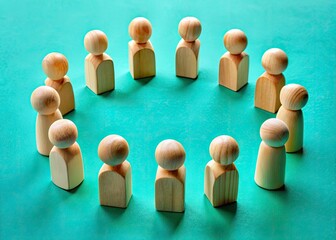 Obraz premium Turquoise Unity: Wooden Figures Communicating, Dialogue, Speech Bubbles, Conceptual Photography