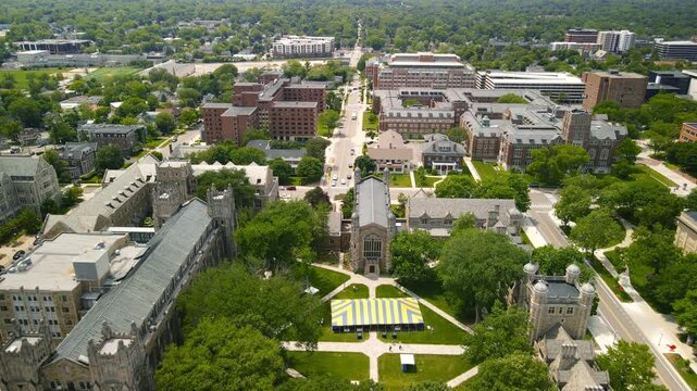 Aerial view of University of Michigan campus in Annarbor is consistently ranks among the highest-rated public universities in the world.
