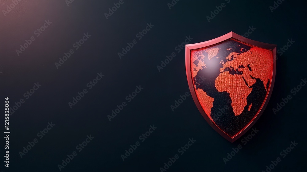 Poster red shield with globe design representing global security and protection concept