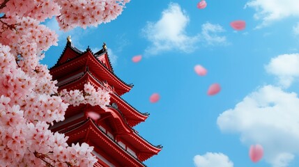 Cherry Blossom Petals Falling Near Traditional Japanese Pagoda Against Blue Sky