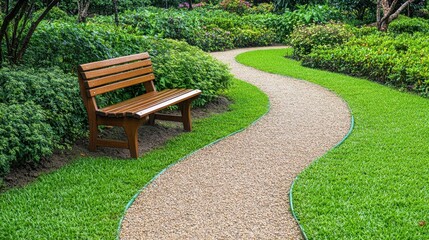 Fototapeta premium Serene Garden Path with Wooden Bench