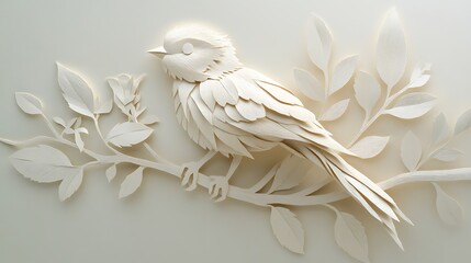 Obraz premium A paper art depiction of a bird perched on a branch, with each feather and leaf intricately cut and layered to create a harmonious, peaceful scene