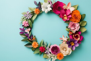 Colorful paper flower wreath on blue background. (2)
