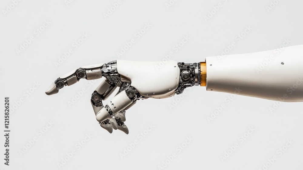 Poster robotic hand with mechanical components reaching out in a futuristic design