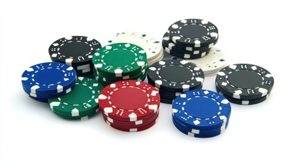 Colorful poker chips scattered on white background.
