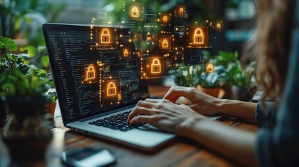 A programmer diligently works on secure code, enhancing data protection with advanced encryption, visualized by glowing padlock icons surrounding her laptop screen