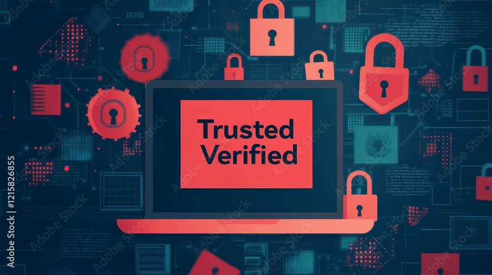 Poster digital security concept with verified trust and protection symbols on computer screen