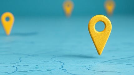 Fototapeta premium Yellow Location Pins on a Blue Background Representing Navigation and Mapping Concepts