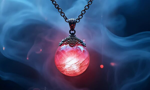 A glowing pink crystal pendant hangs from a chain, surrounded by a mystical, smoky background.