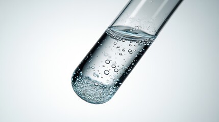 Close-up of test tube with clear liquid and bubbles.