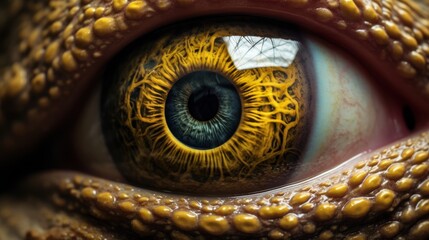 Extreme Close Up of a Vibrantly Colored Reptilian Eye with Detailed Scales and Textures
