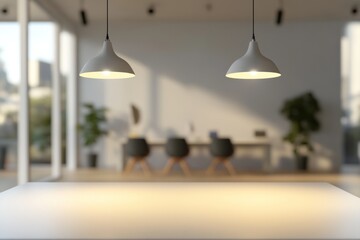 Minimalist Modern Office Interior Design with Warm Lighting and Empty Table