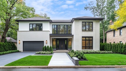 Modern residential home with landscaped yard and driveway, set in a serene suburban neighborhood