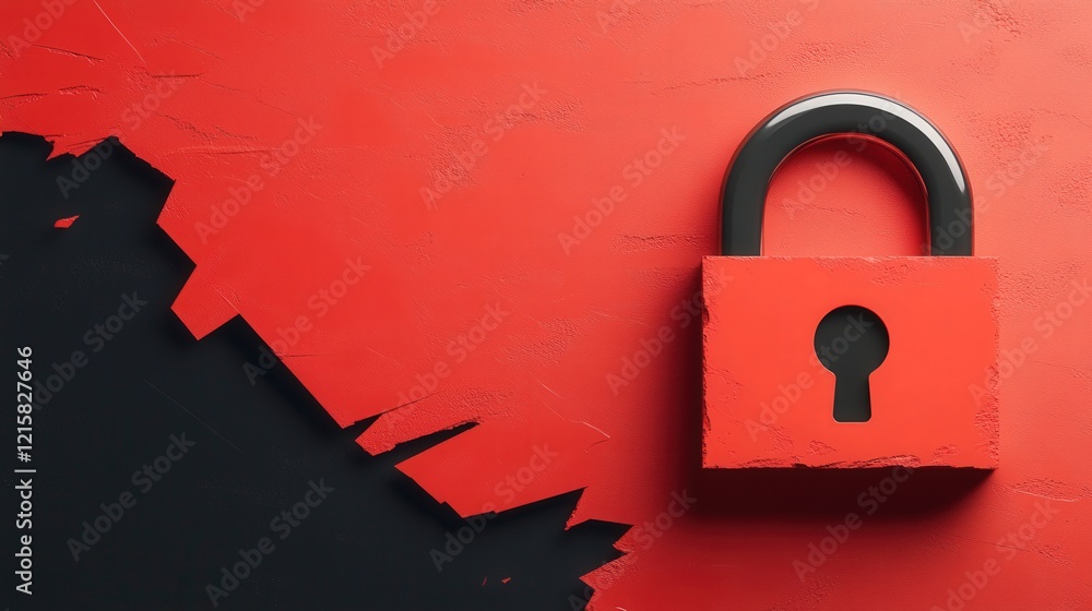 Poster red padlock on black and red background with abstract fractured edges