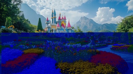 Fairytale castle in vibrant flower garden with mountain backdrop.