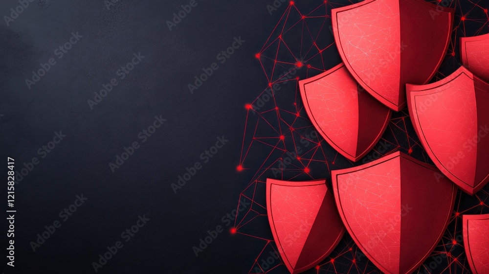 Poster abstract red shield graphic with network design on dark background for security concept