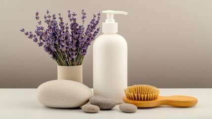 Serene spa arrangement featuring lavender, lotion bottle, stones, and a wooden brush on a neutral backdrop
