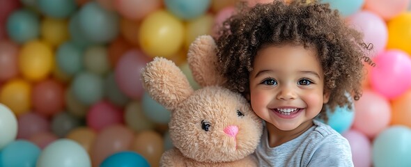 Fototapeta premium A smiling toddler with curly brown hair hugs a plush bunny against a backdrop of colorful pastel balloons, radiating joy and innocence.
