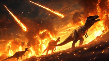 Fiery meteor shower descends upon dinosaurs amidst raging inferno. Illustrates extinction event, perfect for prehistoric or apocalyptic themes.