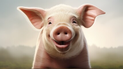 An adorable baby piglet sitting on white clouds with rainbow on blue sky background, showcasing its innocence and charm.