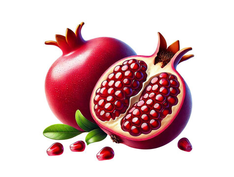 Isolated pomegranate. Whole pomegranate fruit with green leaves and open half of pomegranate isolated on white background with clipping path