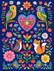 Colorful folk art animals and flowers on blue background
