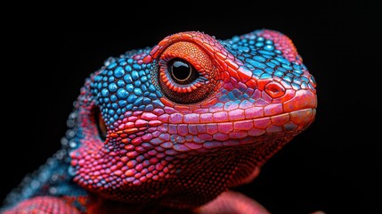 Obraz premium Detailed close-up shot of a lizard's head with striking blue and red scales against a black background