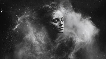 Serene woman submerged in ethereal powder cloud, monochrome.