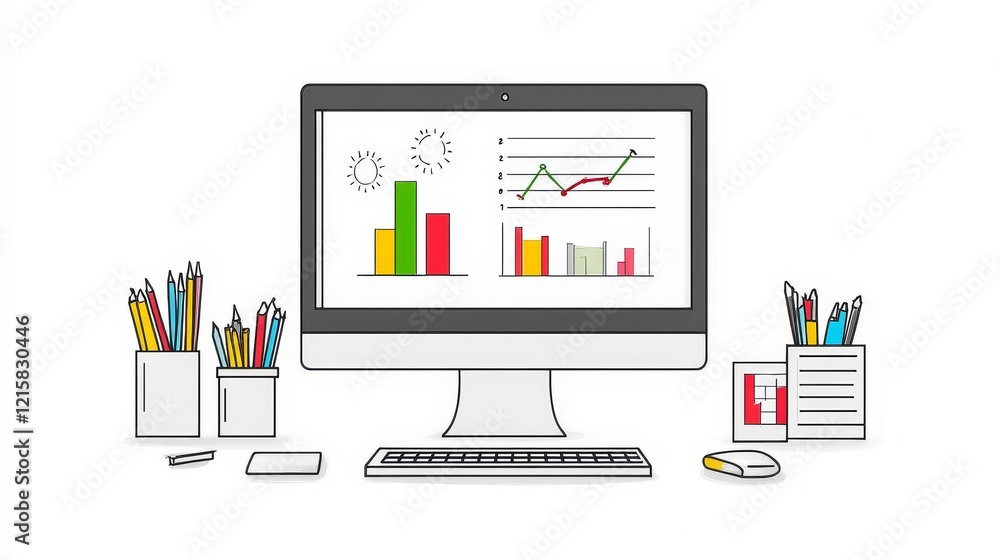 Poster desktop computer displaying business data analytics and office supplies