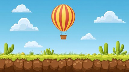 Pixel art hot air balloon soaring over a desert landscape