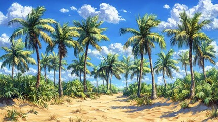 Lush Tropical Paradise Palm Trees Line a Sandy Path Under a Blue Sky