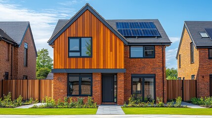 Modern suburban house with solar panels, front garden, neighborhood background