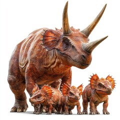 Fototapeta premium Triceratops family, prehistoric scene, white background, educational use