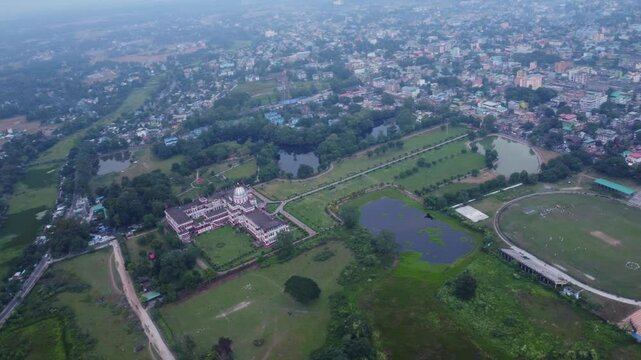 Panoramic aerial view of historical monument Cooch Behar Palace on the bank of River Torsa in Cooch Behar city, West Bengal