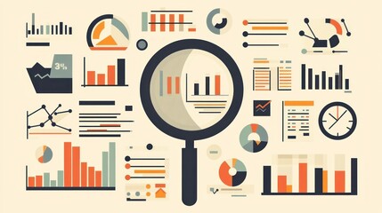 Magnifying glass over various data charts and graphs illustrating data analysis.