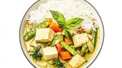 A vibrant bowl of Thai green curry with tofu, mixed vegetables, and fragrant jasmine rice