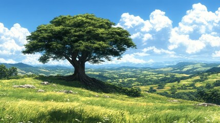 Fototapeta premium Solitary Oak Tree on a Hilltop Overlooking a Verdant Valley Under a Blue Sky