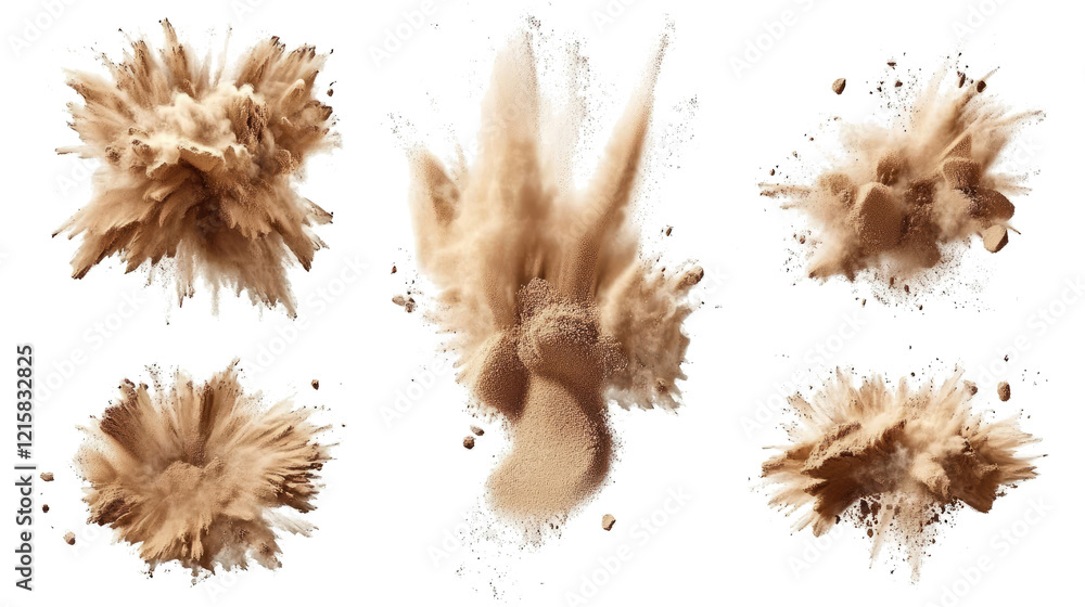 Poster dry sand explosions captured in a set of objects generative ai