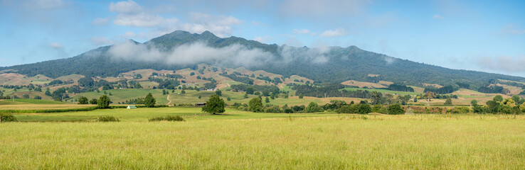 Panoramic rural scene with mist shrouded mountain