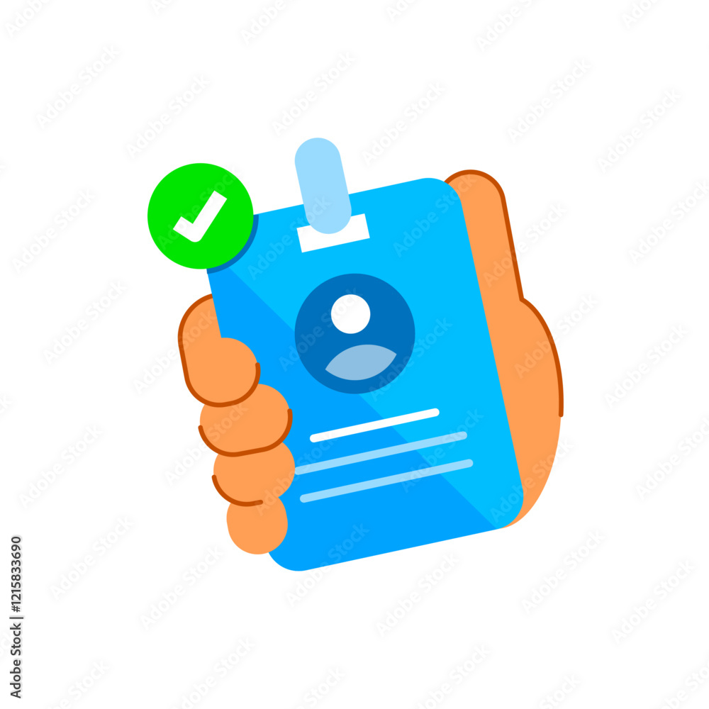 Poster flat illustration of an id card with a check mark icon. saved information or stay logged in function