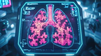 A digital display shows a lung rendered as a puzzle, highlighting intricate patterns in vibrant pink against a high-tech background.