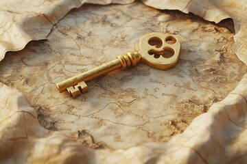 Golden Key Rests Upon An Ancient Treasure Map