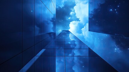 Futuristic city alley reflecting night sky, stars, clouds; digital art, website banner