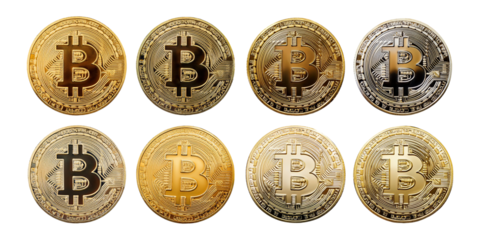 Various Bitcoin Coins in Shiny Design, PNG collection, set bundle, isolate on transparent or white background