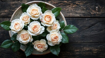 Peach roses in bowl on rustic wood table, overhead view, dark background