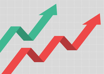 2 business arrow graph rising up consistently with grey background and grid represents business growth and trading profits flat design