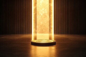 Golden Coin Rests On Polished Floor Between Luminous Walls